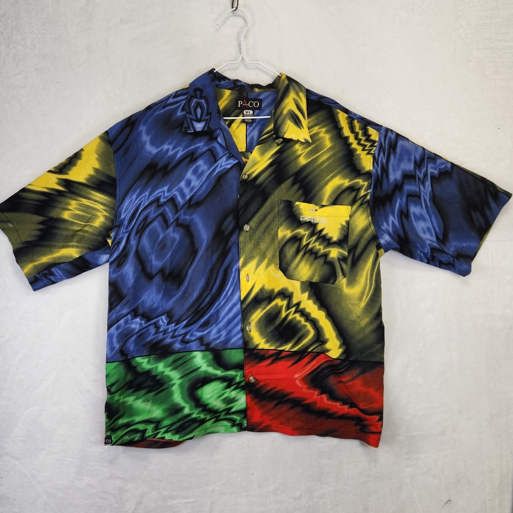 Vintage Paco Jeans Co‎ Abstract Wavy Colorblock Shirt Mens XL Multicolor 90s Y2K